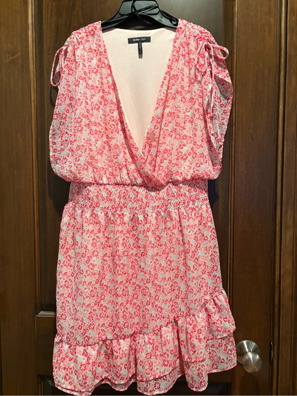 BCBG Pink Floral Smocked-Waist V-Neck Mini Dress